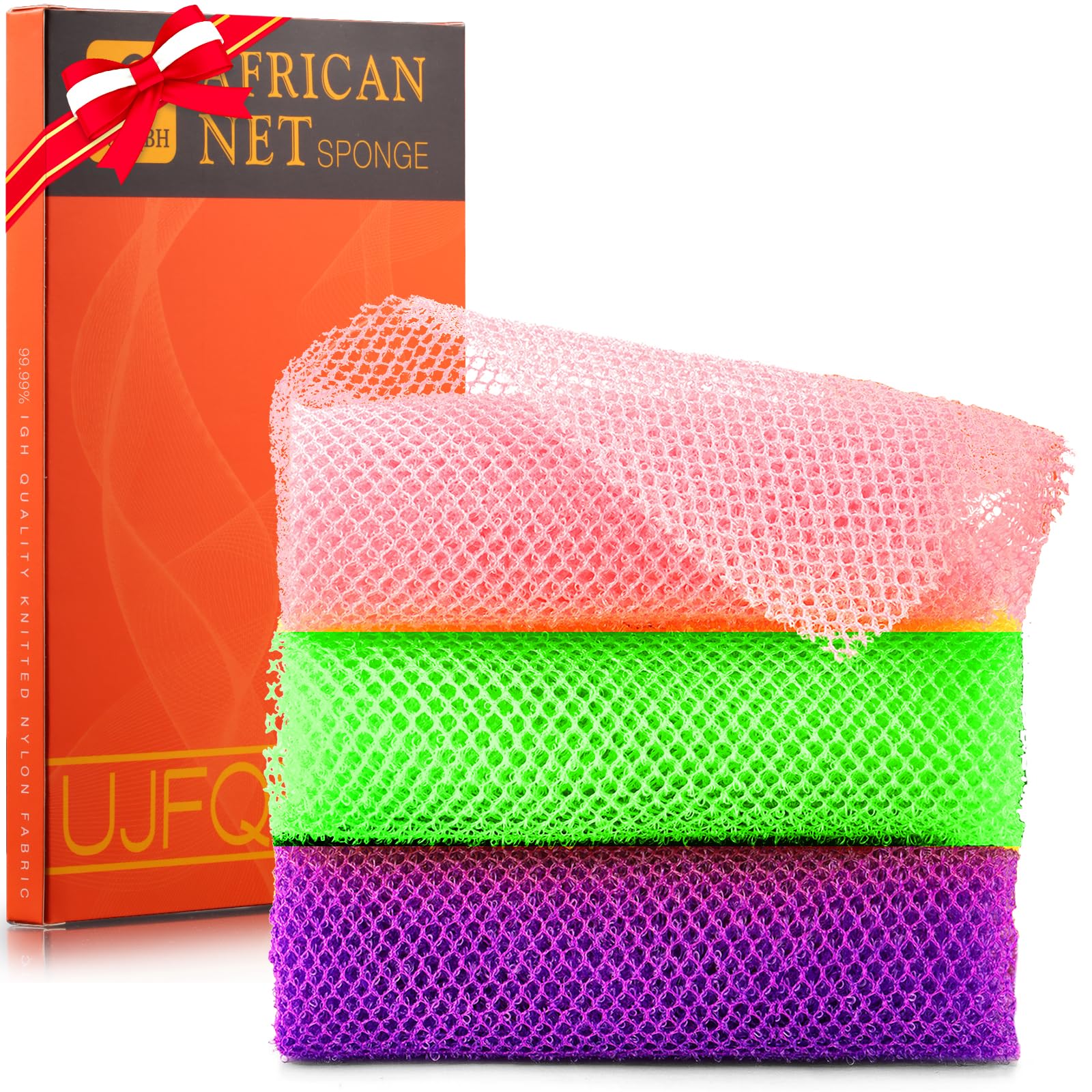 UJFQBH 3 Pieces African Bath Sponge African Net Long Net Bath Sponge Exfoliating Shower Body Scrubber Back Scrubber Skin Smoother,Great for Daily Use (Pink,Yellow,Purple)